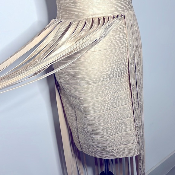 BEBE CHAMPAGNE BANDAGE FRINGE MAXI DRESS ✨✨✨ - Picture 11 of 12